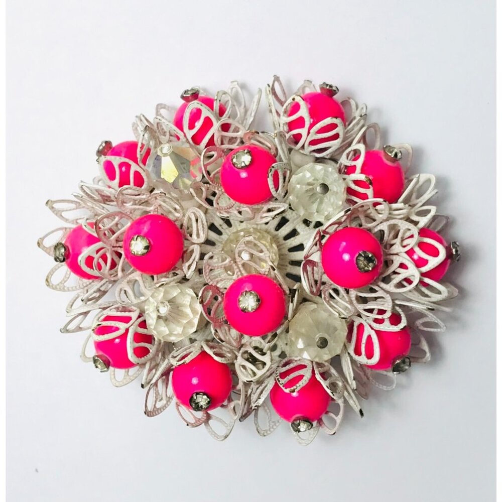 Vintage Vendome Pink Cluster Brooch Enamel Bead Rhinestone Signed 2.5" Estate - Picture 2 of 5